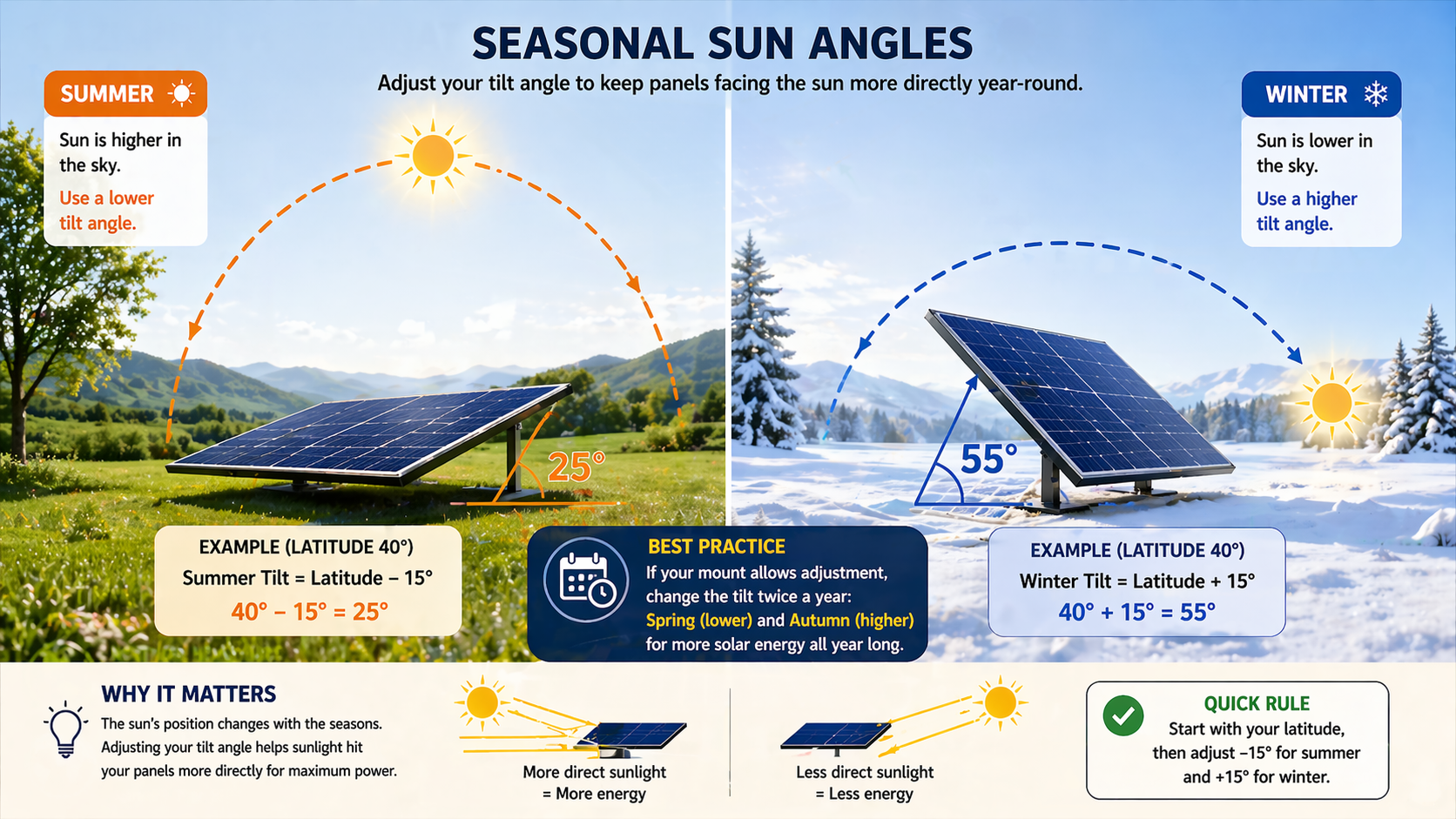 Solar panel tilt adjustment summer vs winter sun path illustration
