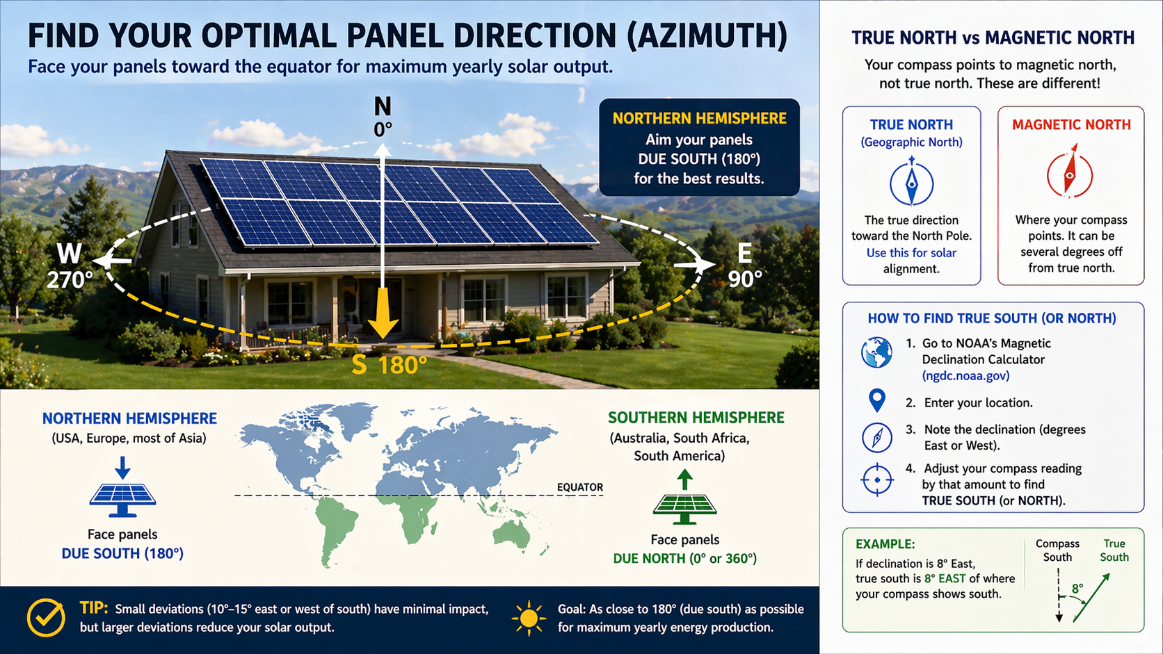 Optimal solar panel direction south facing azimuth 180 degrees diagram