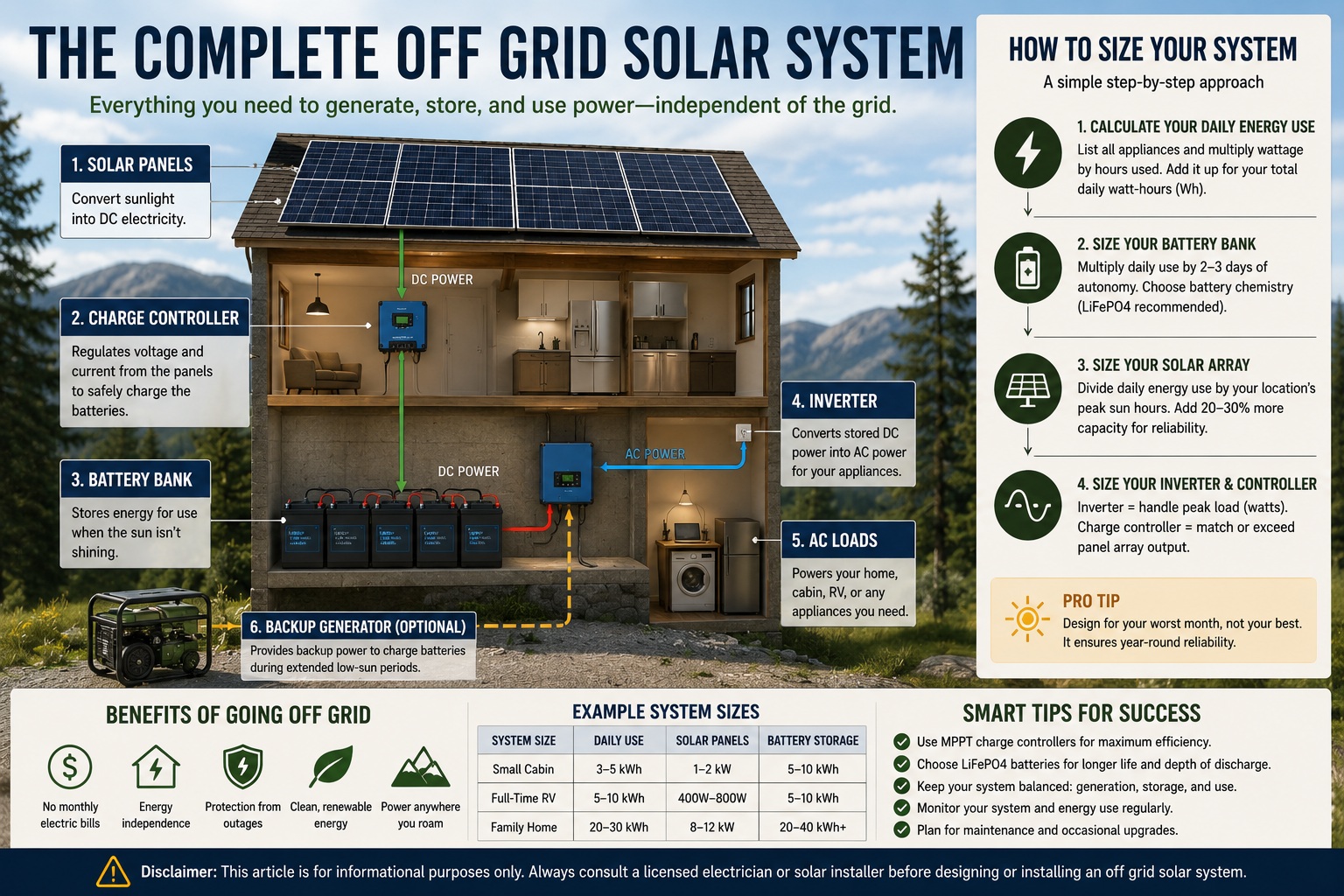Infographic showing how to size an off grid solar system including daily energy calculations, battery bank sizing, solar panel array sizing, inverter selection, and complete system flow.
