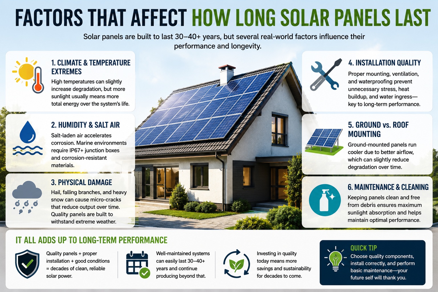 Infographic showing the main factors that affect solar panel lifespan including climate, installation quality, physical damage, humidity, and maintenance
