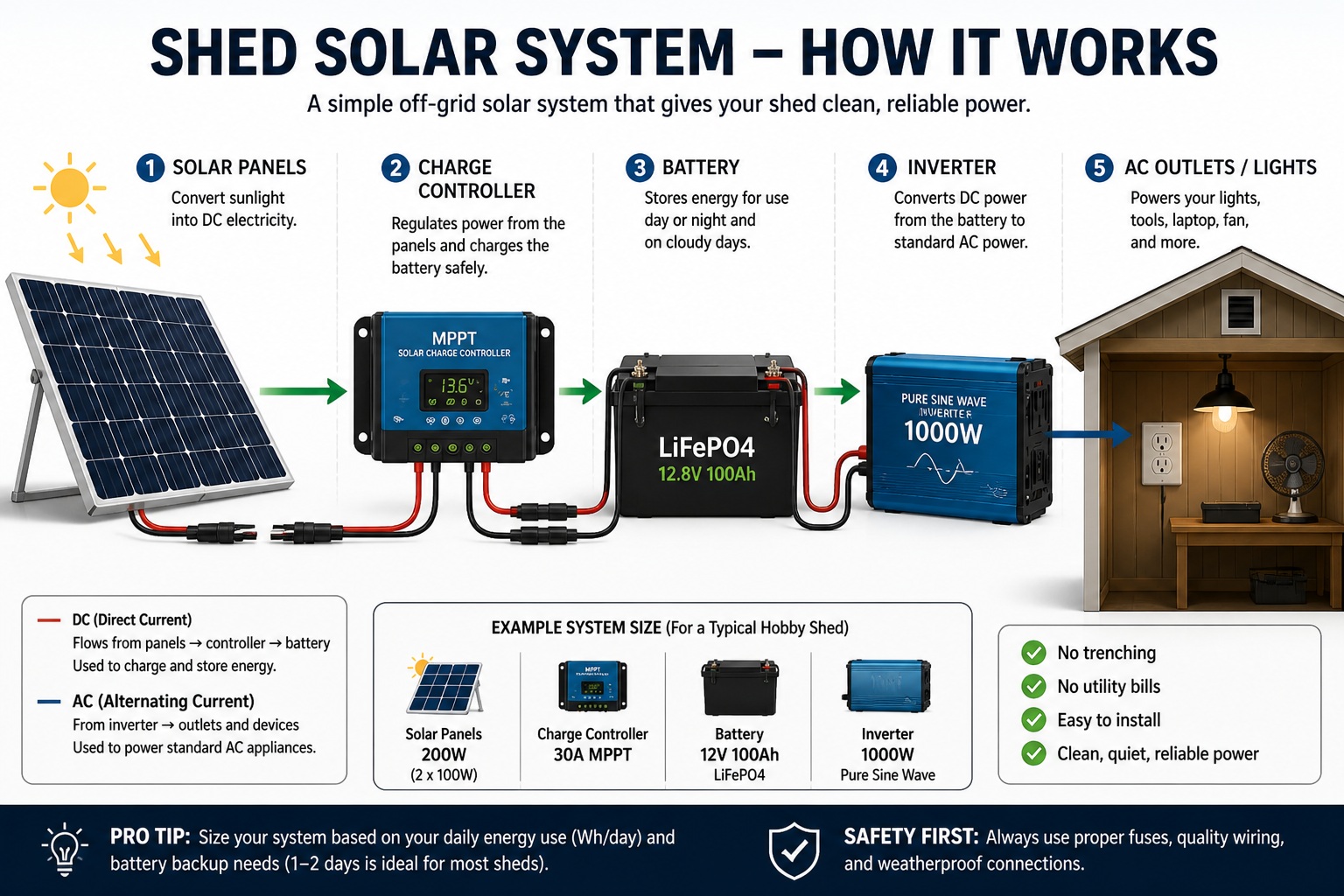 Diagram showing how solar panels connect to a charge controller, battery, and inverter in a simple off-grid shed solar system