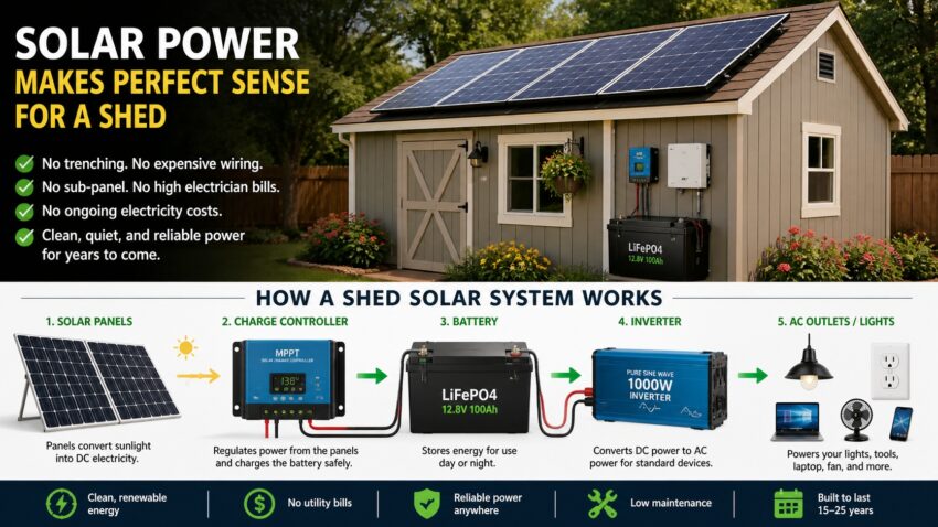 Small backyard shed with solar panels installed on the roof, demonstrating a simple off-grid solar setup for independent power